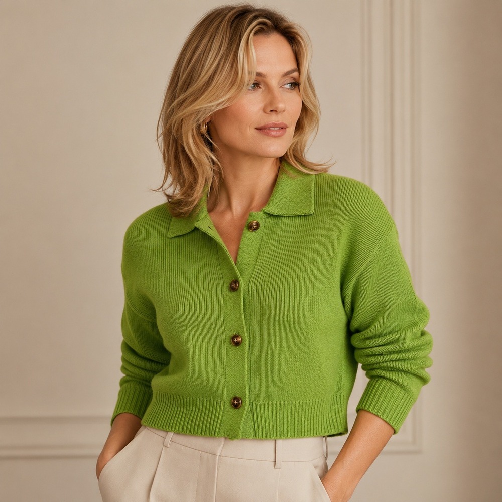 Ehka Sopo Womens Cardigan M L Green Collared Crop Button Knit Sweater Japan